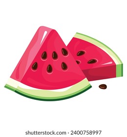 Two triangle pieces of fresh ripe watermelon with peel and seeds isometric vector illustration. Summer fruit berry sweet delicious dessert edible plant slice juice vitamin nutrition tropical food