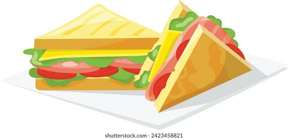 Two triangle sandwiches cheese, ham, tomatoes, lettuce. Fresh deli sub sandwich graphic. Delicious lunch food, healthy eating concept vector illustration