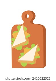 Two triangle sandwiches on a cutting board. Simple flat design lunch or breakfast vector illustration.