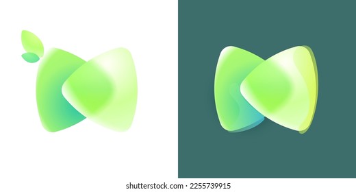 Two triangles eco logo with green gradient and leaf in Glassmorphism style. Environment friendly icon made of overlapping parts for agriculture art, waste recycling app, healthy food packaging.