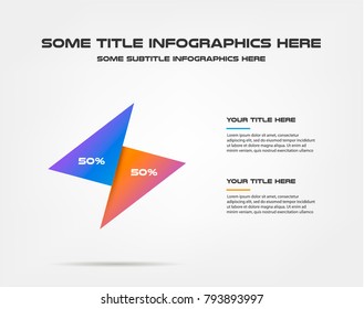 Two triangles of percentage infographics, 50/50. Element of chart, graph, diagram with 2 options - parts, processes, timeline. Vector business template for presentation, workflow layout, annual report