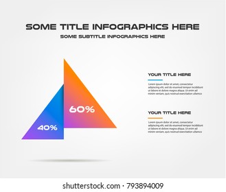Two triangles of percentage infographics, 60/40. Element of chart, graph, diagram with 2 options - parts, processes, timeline. Vector business template for presentation, workflow layout, annual report
