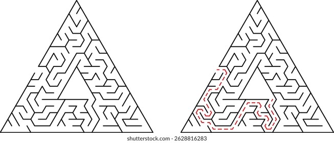 Two triangular maze puzzles with marked solution paths depicting problem solving strategies