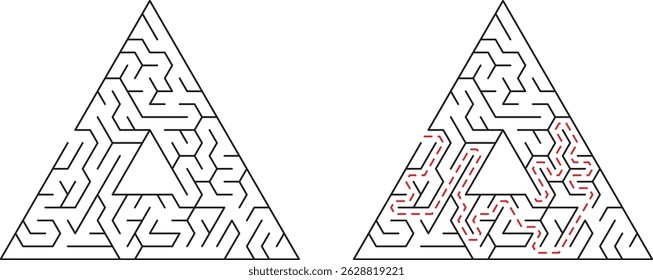 Two triangular mazes one solved representing problem solving and solution finding