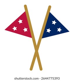 Two triangular nautical flags, one red and one blue, each adorned with three white stars, are crossed and attached to wooden poles, symbolizing maritime communication or racing