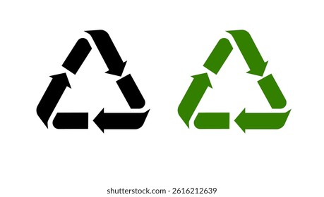 Two triangular recycling icon designs, black and green, representing environmental awareness, waste reduction, and sustainable practices.