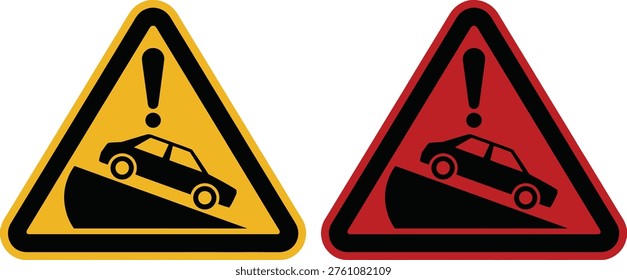 Two triangular warning signs indicating a steep road ahead, one in yellow and the other in red, with a car silhouette on a slope and an exclamation mark.