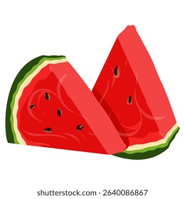 Two triangular watermelon wedges in bright red with black seeds. Great for food packaging, summer party invites, and sticker designs.