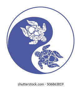 two tribal style ornament sea turtles .yin-yang sign. Vector illustration.