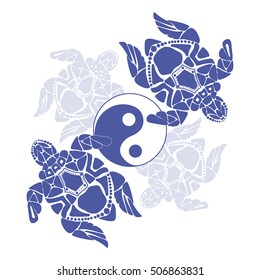 two tribal style ornament sea turtles with waves .yin-yang sign. Vector illustration.