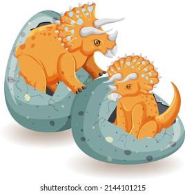 Two triceratops hatching from eggs illustration