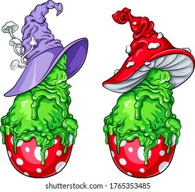 Two tricky desserts in magic hats vector illustration set. For your Halloween, costume party and other fests designs, menu, party invitations, greeting cards, posters, stickers, prints and package.