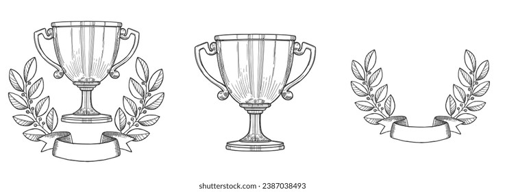 Two Trophy Cup drawings with laurel wreath. Vector Illustration.