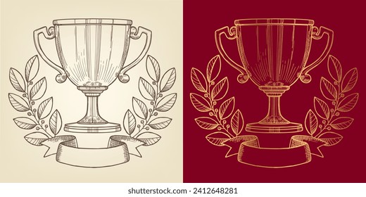 Two Trophy Cup drawings with laurel wreath. Vector Illustration
