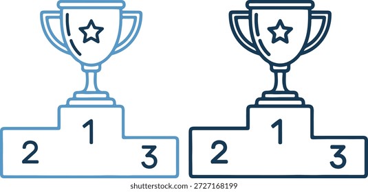 Two trophy icons in blue outline on white background, one outlined in light blue and the other in dark blue, both on podium with numbers