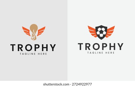 Zwei Trophäen mit Flügeln und Fußballschild auf weißem Hintergrund, orange