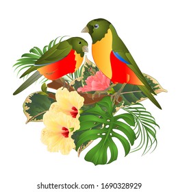 Two tropical birds   bouquet with tropical flowers hibiscus on a branch palm,philodendron on a white background vintage vector illustration