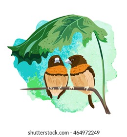 Two tropical birds sitting on a branch under a leaf. Beautiful hand-drawn illustration of a chestnut-breasted.Vector summer background.