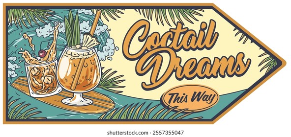 Two tropical cocktails, one in a tumbler and the other in a snifter, resting on a surfboard with palm leaves and ocean waves, inviting to cocktail dreams