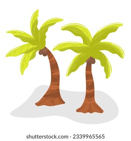 Two tropical coconut palms. Flat cartoon vector illustration. Isolated on a white background. Tropical trees.