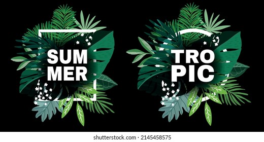 Zwei tropische Blattkompositionen mit Monstera und Palmblättern auf schwarzem Hintergrund, handgezeichnet Vektorgrafik