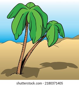 Two Tropical Palm Trees with Cast Shadow - Colored Cartoon Illustration with Background, Vector