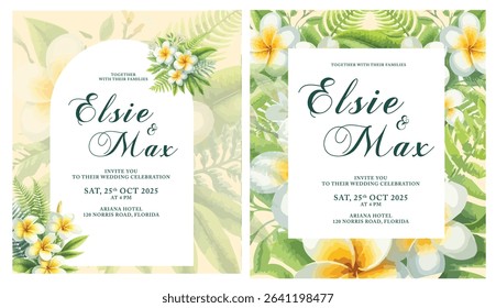 
Two tropical-themed wedding invitations feature white and yellow plumeria flowers with green foliage.