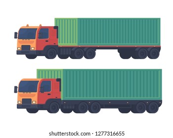 Two truck with a semi-trailer and sea container for the delivery of goods. Logistic service. Vector flat illustartion isolatedon white.