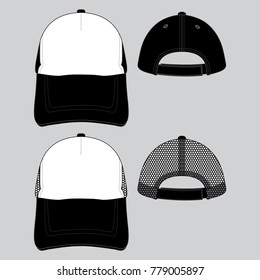 Two Trucker Baseball Cap Vector for Template, Strap Back With Hook & Loop Fastener.