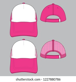 Two Trucker Cap Design White-Pink With Hoop And Loop Strap Vector.Front and Back View.