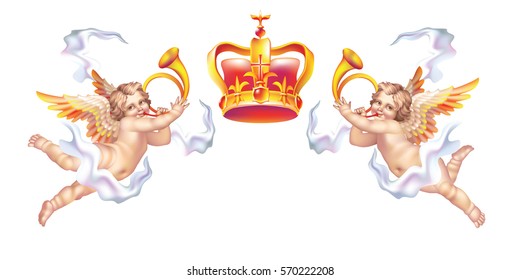 Two trumpeting cherub in horns and a crown on a white background