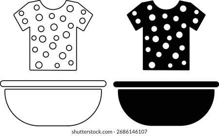 Dos camisetas, una delineada y otra silueta, con lunares, se muestran sobre dos cuencos, uno delineado y otro una silueta, aislados sobre fondo blanco.