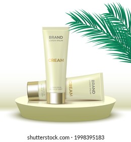 Two tube of cream on round podium. Cosmetic products display platform with palm leaves. 3d render pedestal. Vector illustration.