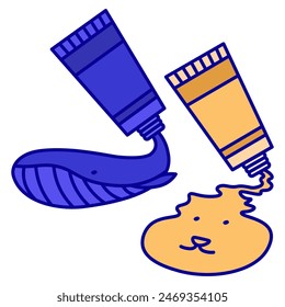 Two tubes with pools of violet blue and yellow spilled paint, depicting a whale and an animal’s face. An icons colored and made on a white background for education.