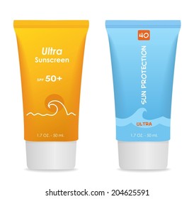 Two  tubes of sun cream isolated on white. Yellow and blue colors. Vector