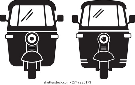 Two tuk tuk silhouette. Auto rickshaws shown from front, popular transport vehicles.