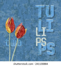 Two tulips. Graffiti vector illustration with flowers and text on blue grungy background