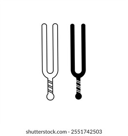 Two tuning forks side by side, one in solid black and the other outlined in black with a white interior. Minimalist design, focusing on shape and visual balance