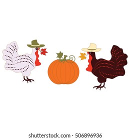 Two turkey hat pumpkin isolated white background Thanksgiving Day vector element for design