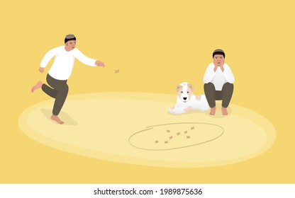 Two Turkmen boys (with a small alabai puppy) play knucklebones (alchiki)