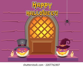 Two Turnips in the old days put on front door On the night of happy Halloween. Vector Illustration. Hand drawn halloween