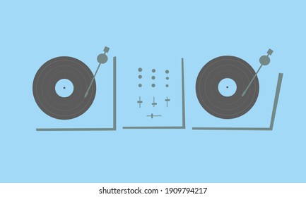 Two turntables for DJs with vinyl records and a mixer. Party DJ equipment. Playing music. Scratch. Mix. Vinil player . Dance floor. Club. Vector illustration. Musical poster, banner or background. 