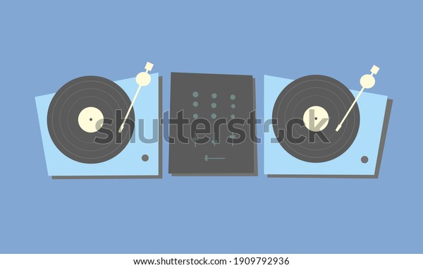 Two turntables for DJs with vinyl records and\
a mixer. Party DJ equipment. Playing music. Scratch. Mix. Vinil\
player. Dance floor. Club. Vector illustration. Musical poster,\
banner or background.
