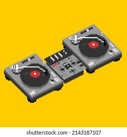 Dos torntables Mezclador DJ Equipo Gear Instrumento de música Scratch Vinyl Record Escuela antigua Hip Hop Muestra 8 bits Pixel Art