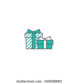 dos caja de regalo color turquesa y blanco con cinta y arco. icono simple aislado en fondo blanco. presente signo. Ilustración de vector plano.