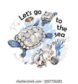 Two Turtle, corals, shells and fishes in the sea. Textile composition, t-shirt design, hand drawn style print. Vector illustration.