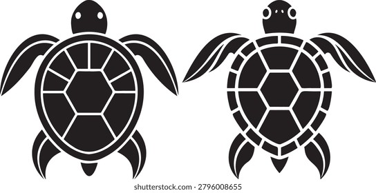 Two turtle icons, sea animals with patterned shells. Aquatic life.