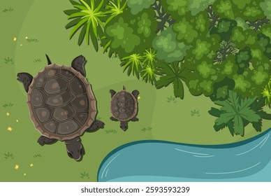 Two turtles near lush greenery and a river