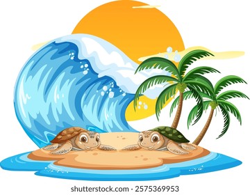 Two turtles on an island with palm trees