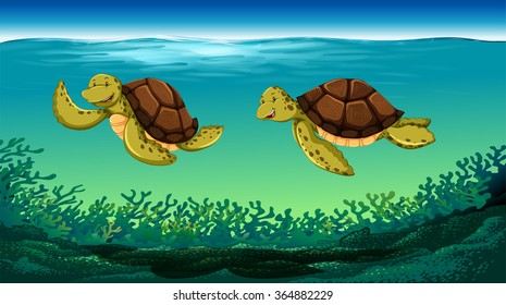 Two turtles swimming under the sea illustration